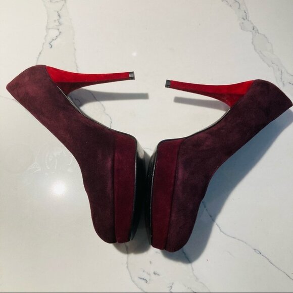 STUART WEITZMAN Sz 8.5 Burgundy Red Suede Heels Platform Woodgrain Design Shoes - Picture 3 of 10